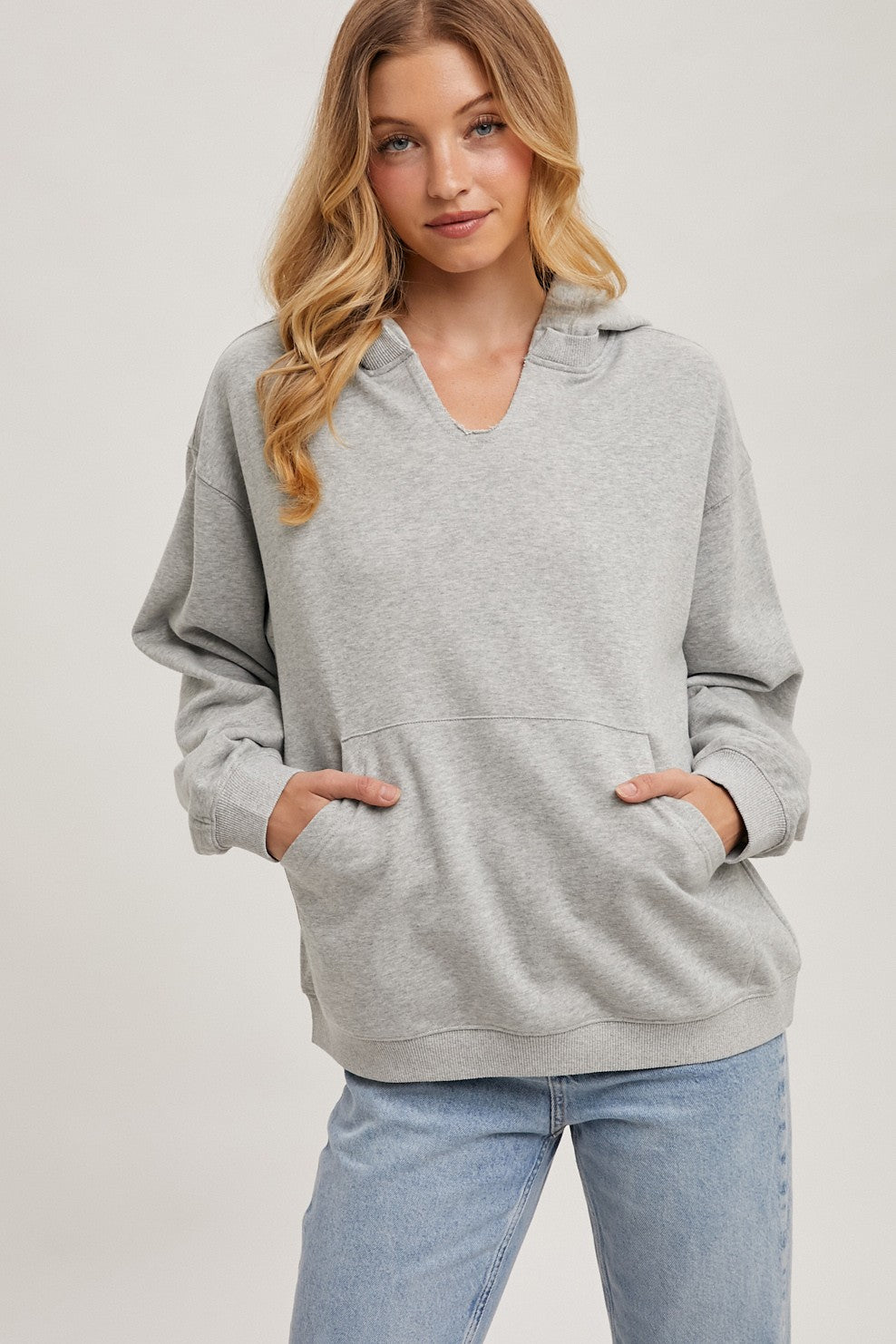 Heather Grey Split Neckline Hoodie