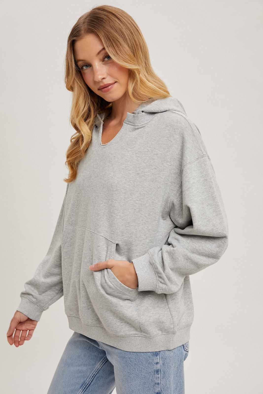Heather Grey Split Neckline Hoodie