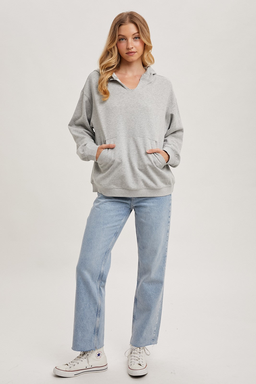 Heather Grey Split Neckline Hoodie