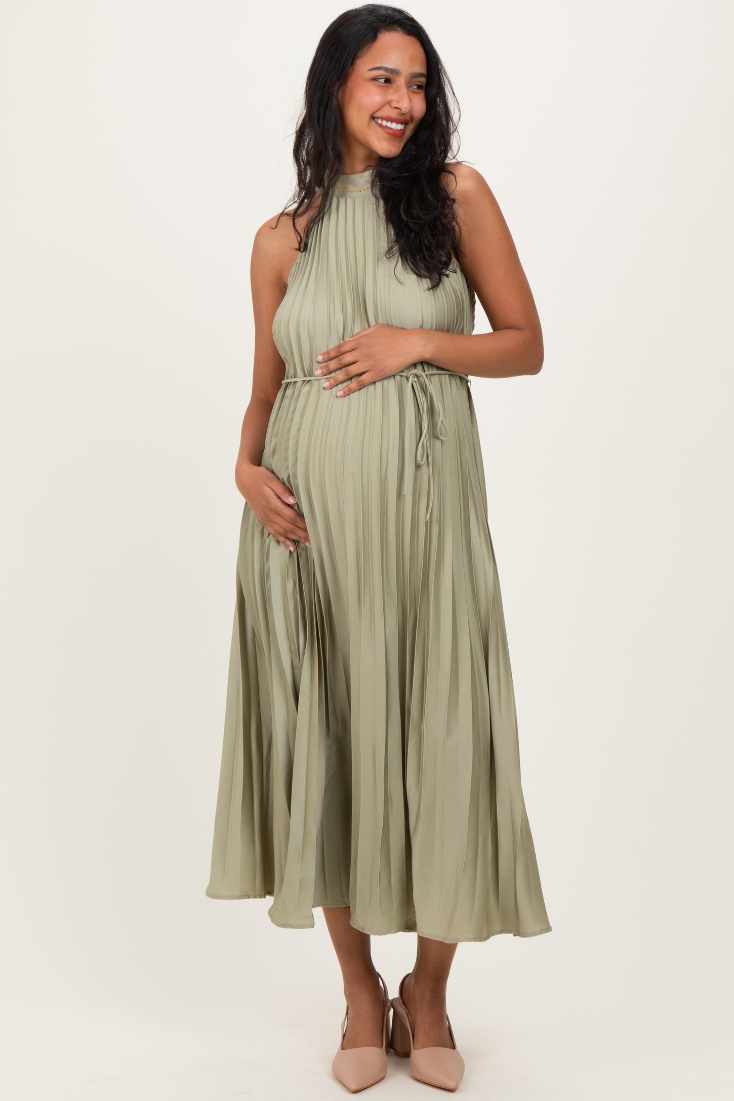 Light Olive Pleated Maternity Halter Dress