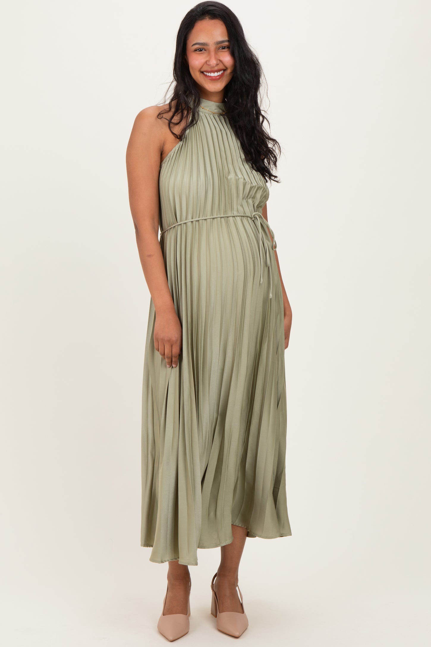Light Olive Pleated Maternity Halter Dress