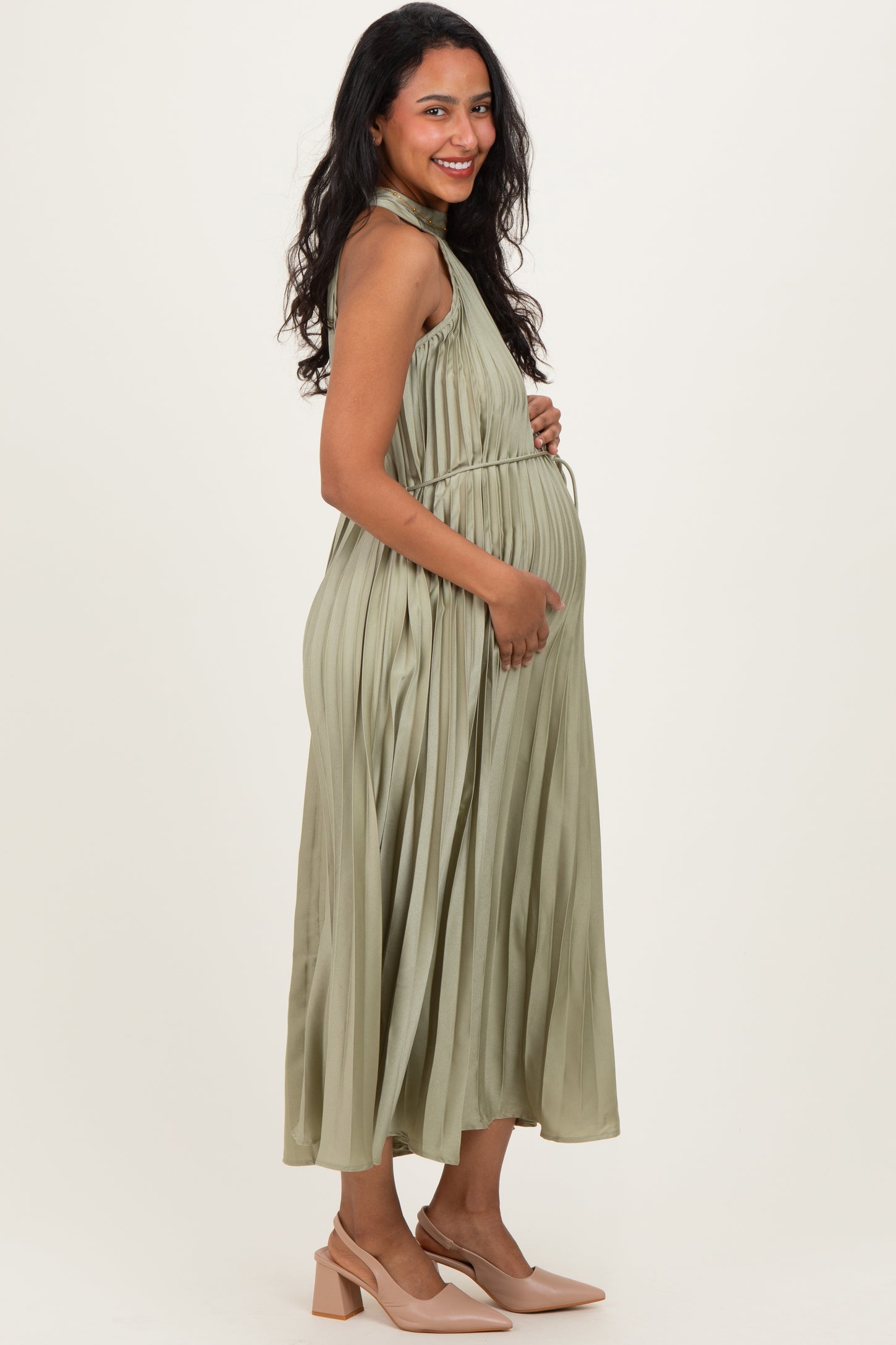 Light Olive Pleated Maternity Halter Dress