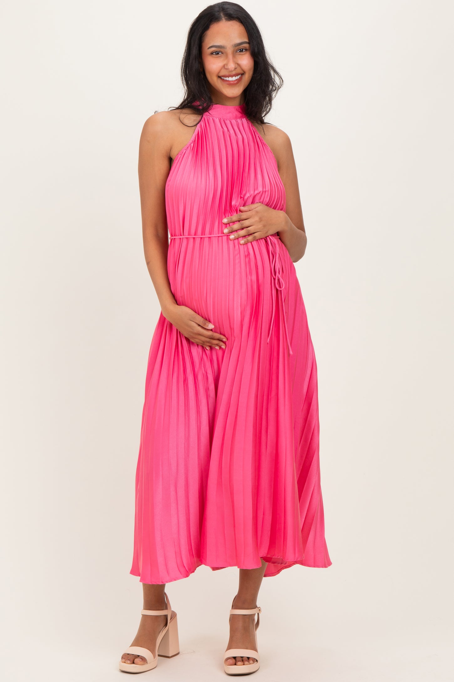 Fuchsia Pleated Maternity Halter Dress