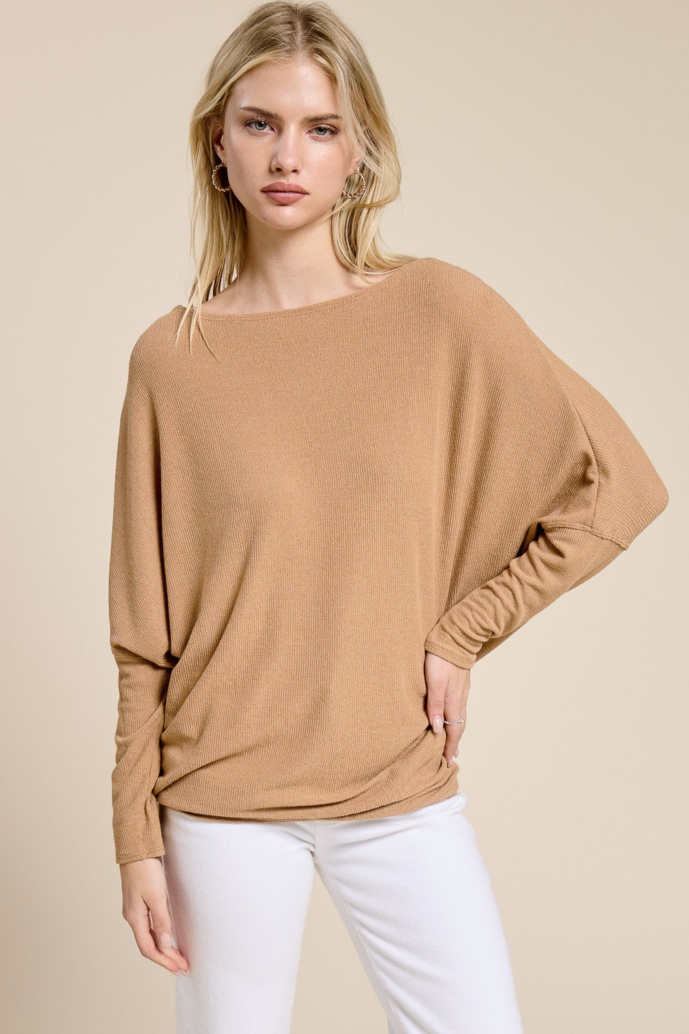 Camel Ribbed Dolman Top