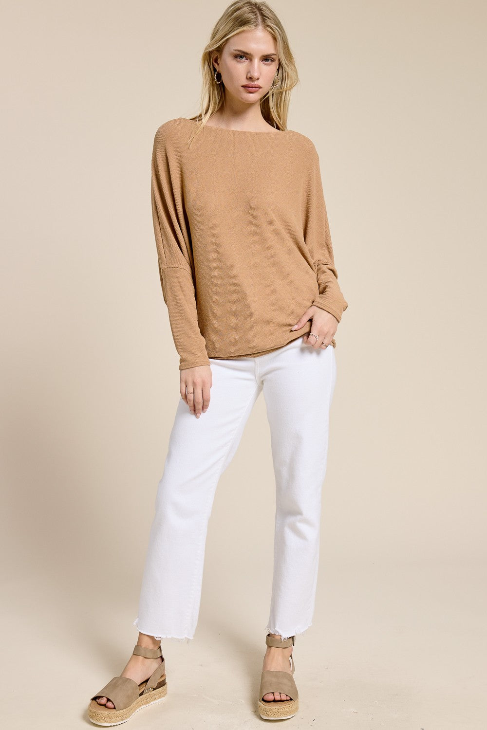 Camel Ribbed Dolman Top