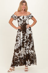 Brown Floral Ruffle Off Shoulder Maxi Dress