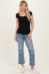 Black Ribbed Rounded Square Neck Top