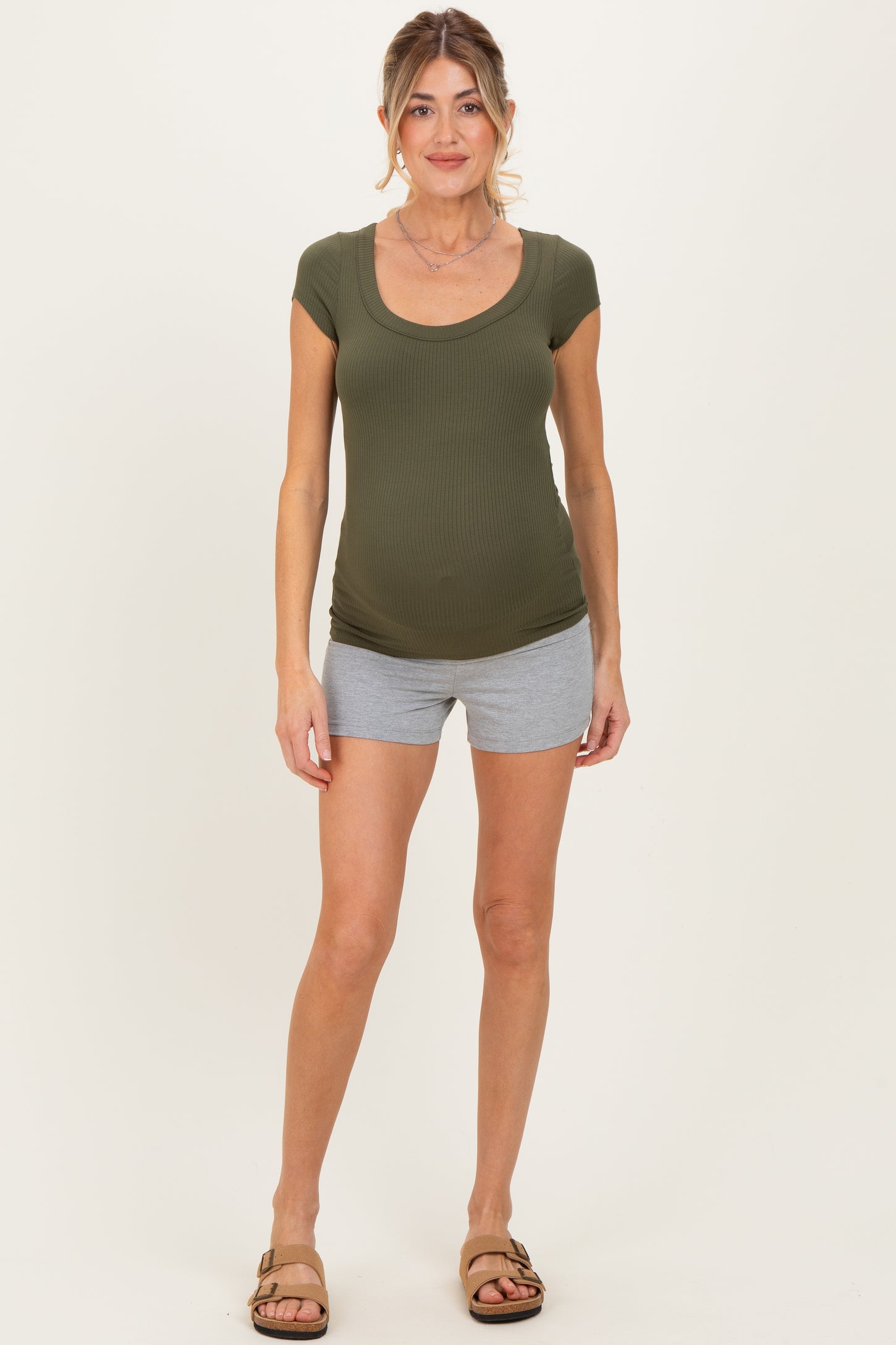 Olive Ribbed Rounded Square Neck Maternity Top