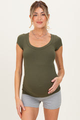 Olive Ribbed Rounded Square Neck Maternity Top
