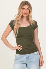 Olive Ribbed Rounded Square Neck Top