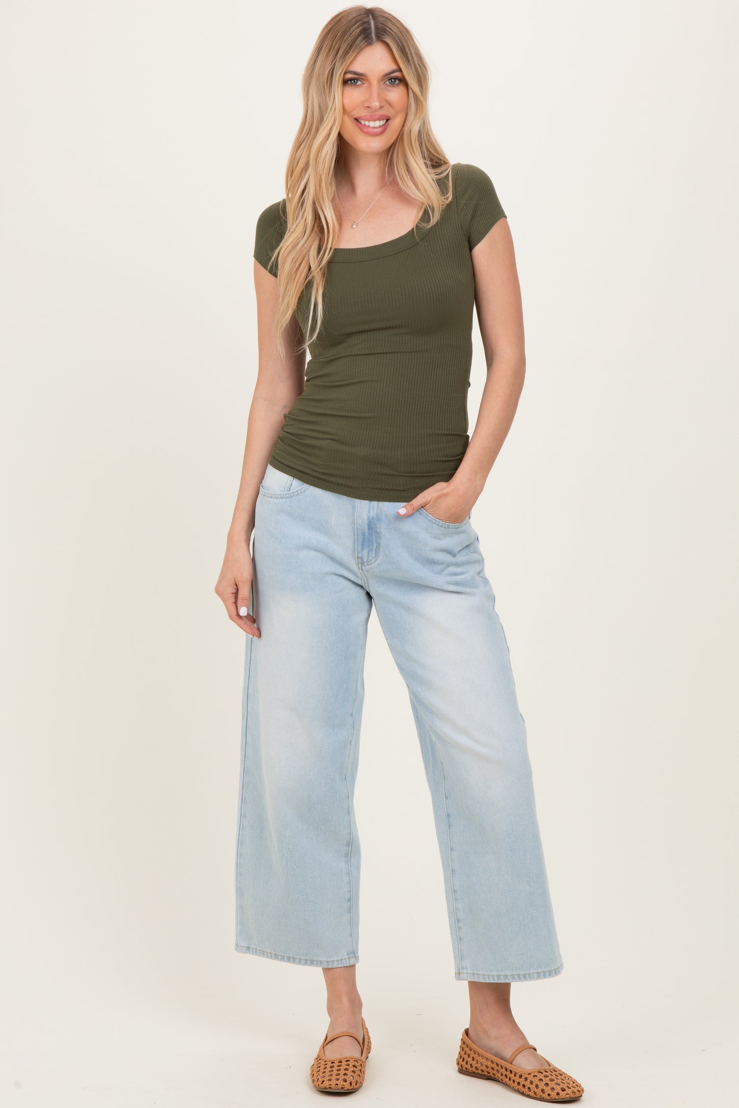 Olive Ribbed Rounded Square Neck Maternity Top