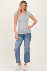 Heather Grey Ribbed Rounded Square Neck Top