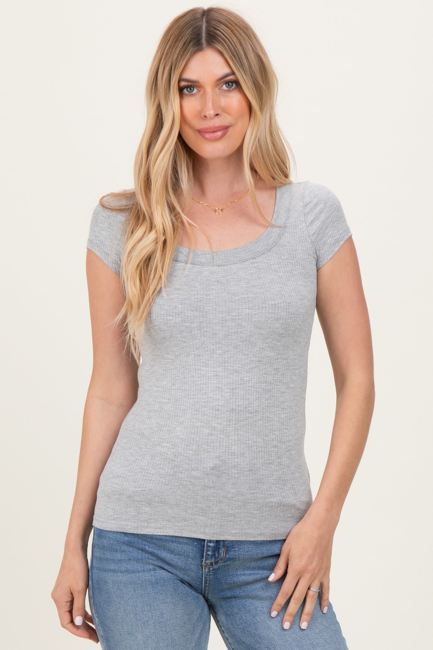 Heather Grey Ribbed Rounded Square Neck Top