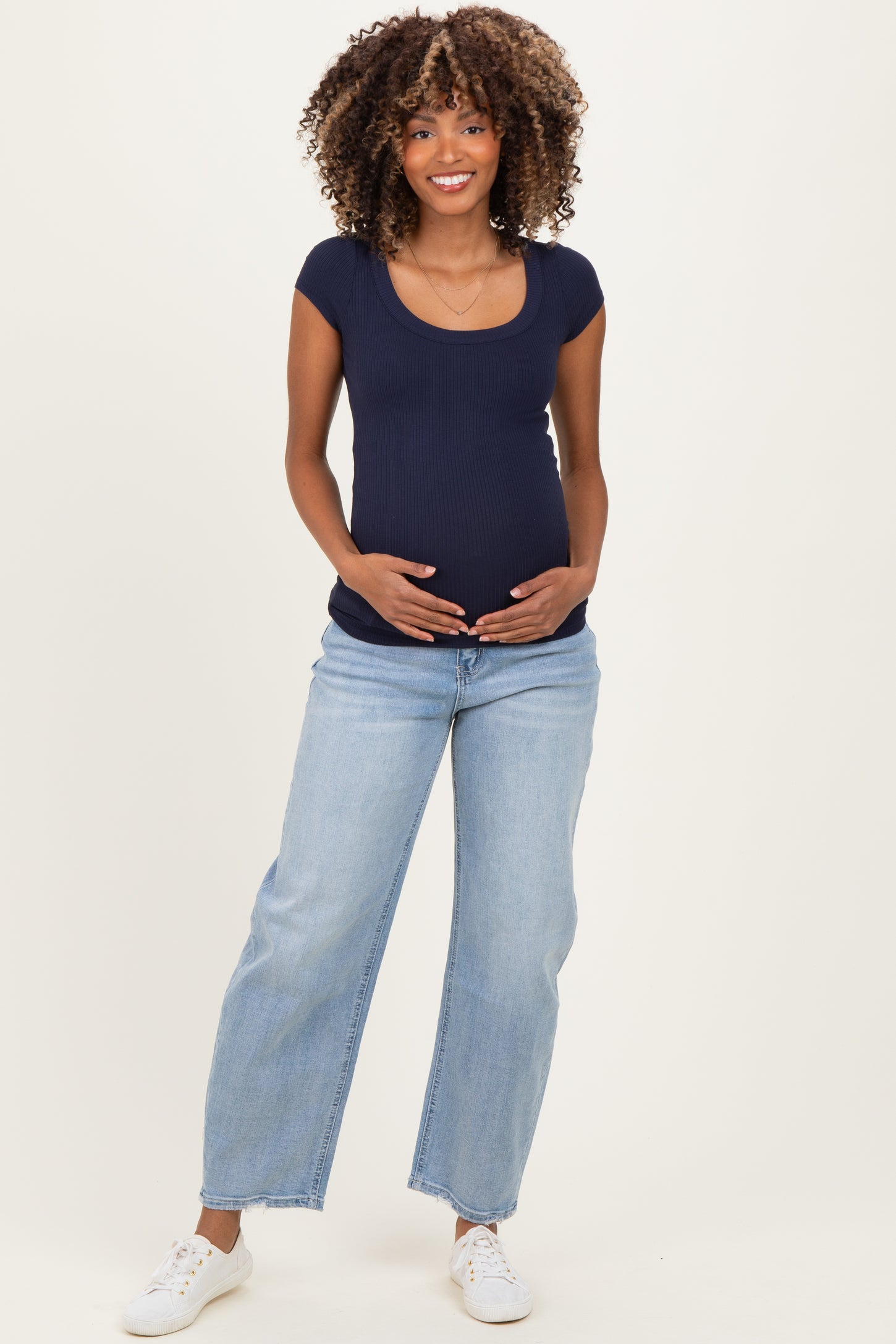 Navy Ribbed Rounded Square Neck Maternity Top