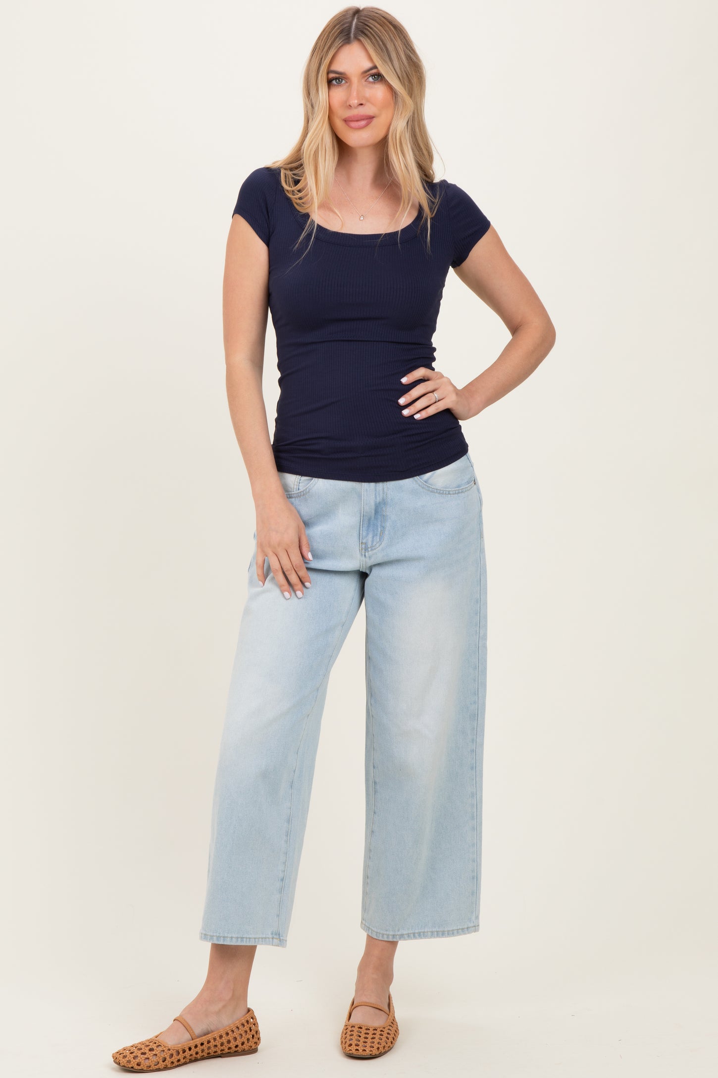 Navy Ribbed Rounded Square Neck Top