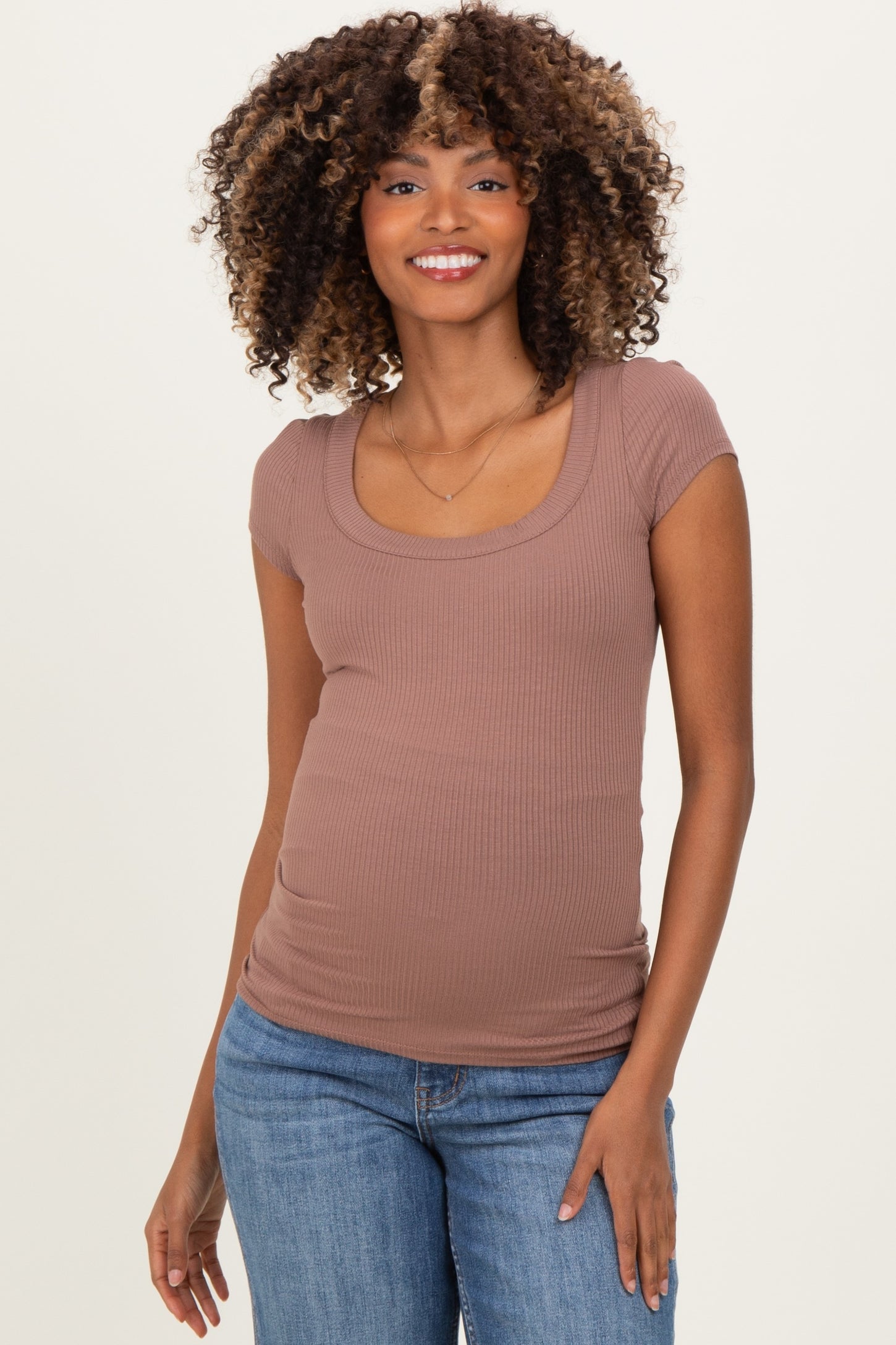 Mocha Ribbed Rounded Square Neck Maternity Top