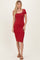 woman wearing a fitted red short sleeve midi dress with a square neckline and hugging silhouette