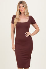 Brown Square Neck Side Slit Midi Dress