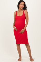 Red Ribbed Square Neck Maternity Tank Dress