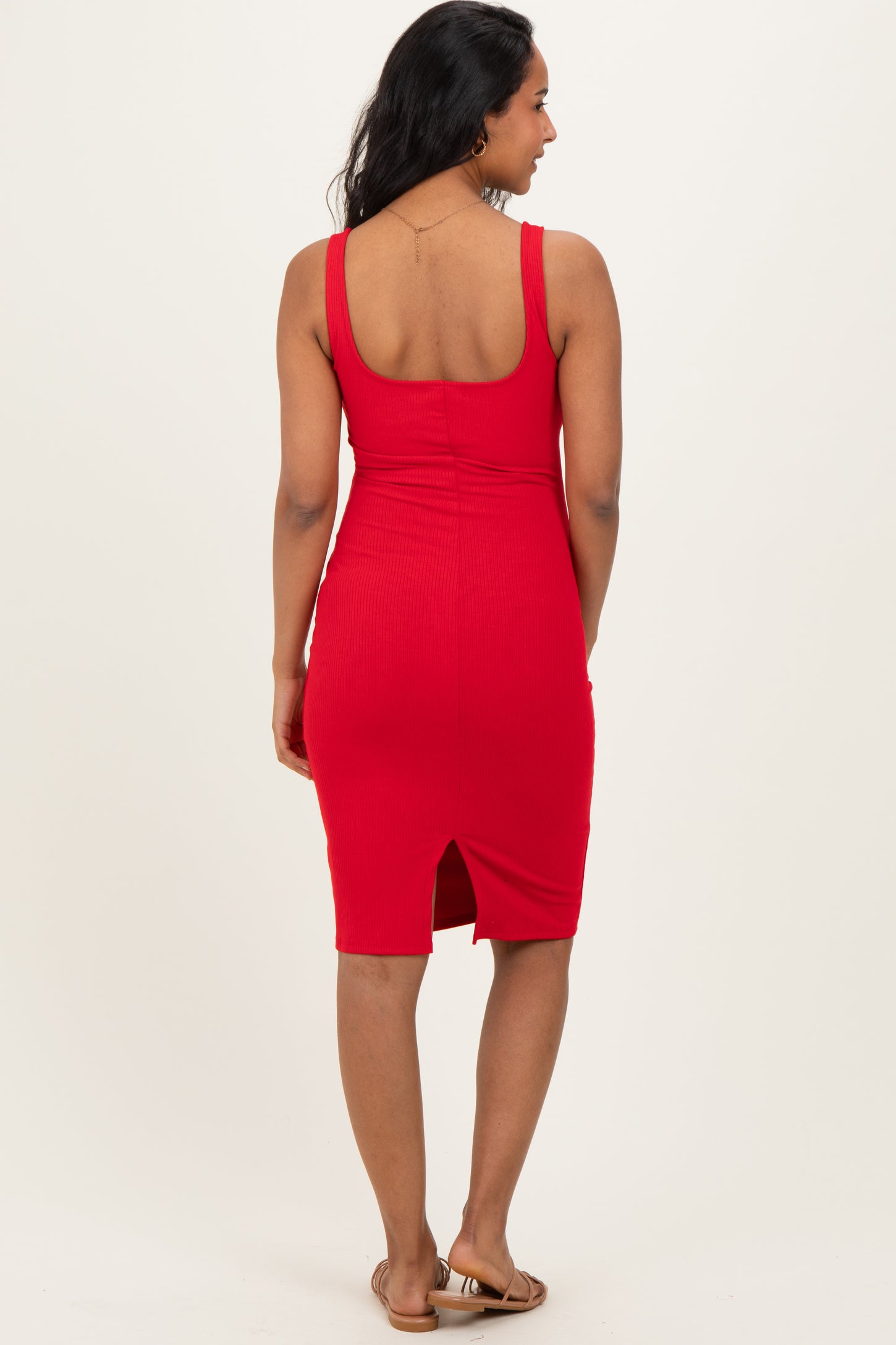 Red Ribbed Square Neck Maternity Tank Dress