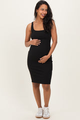 Black Ribbed Square Neck Maternity Tank Dress