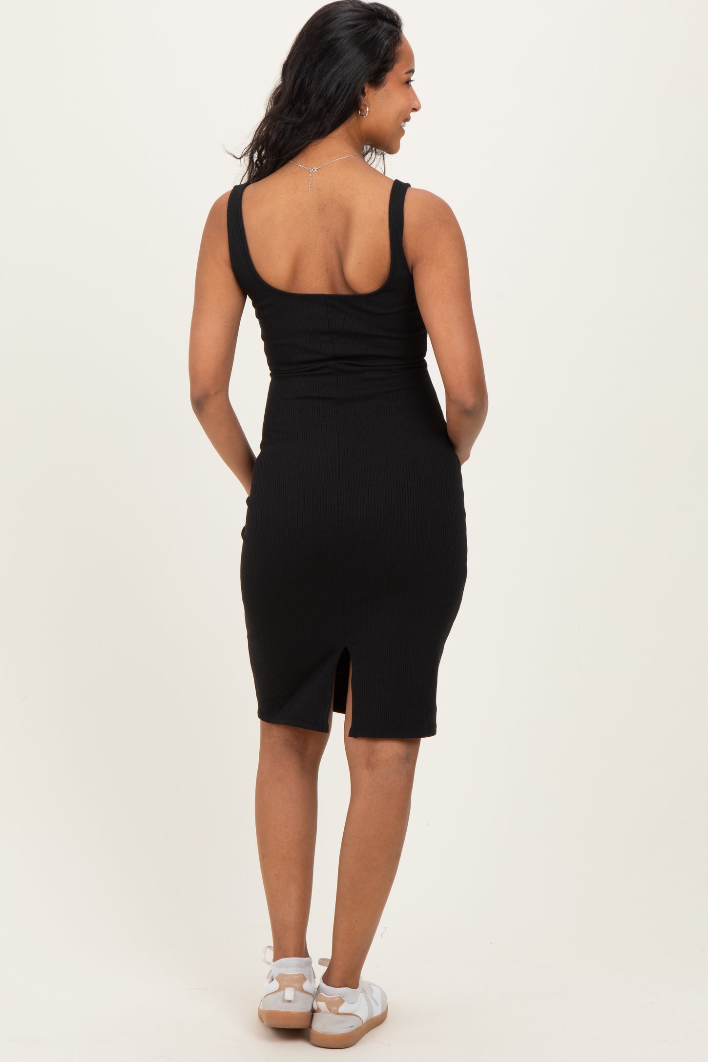 Black Ribbed Square Neck Maternity Tank Dress