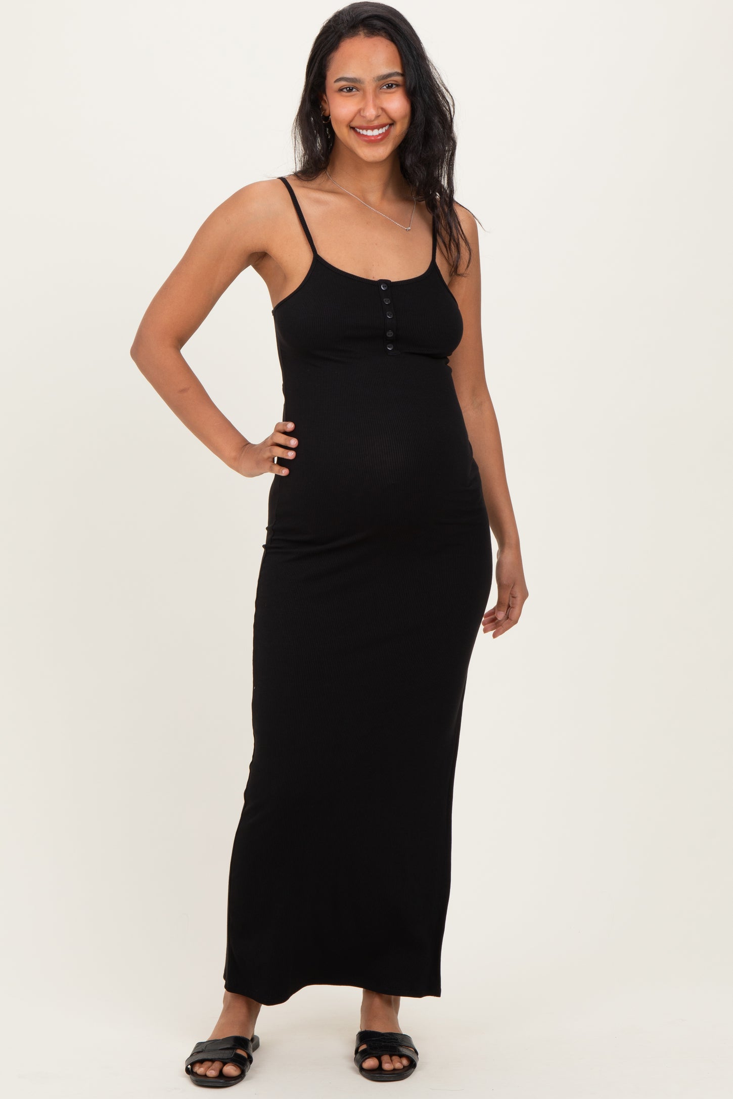 Black Button Detail Sleeveless High Slit Maternity Maxi Dress