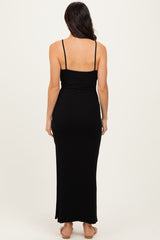 Black Button Detail Sleeveless High Slit Maxi Dress
