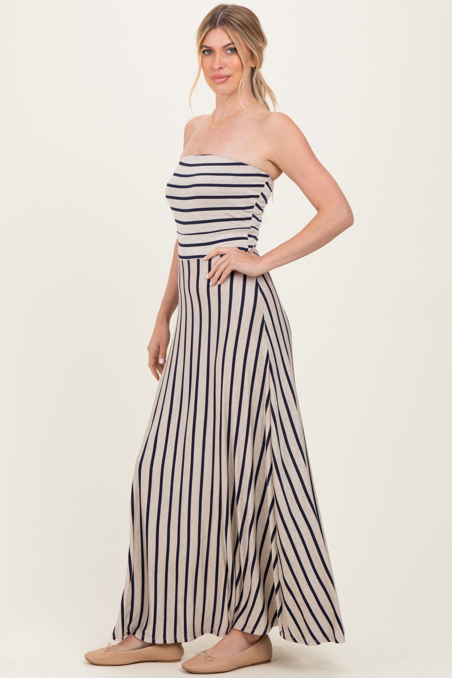Oatmeal Striped Strapless Maxi Dress