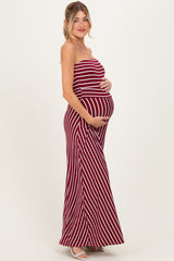 Wine Striped Strapless Maternity Maxi Dress