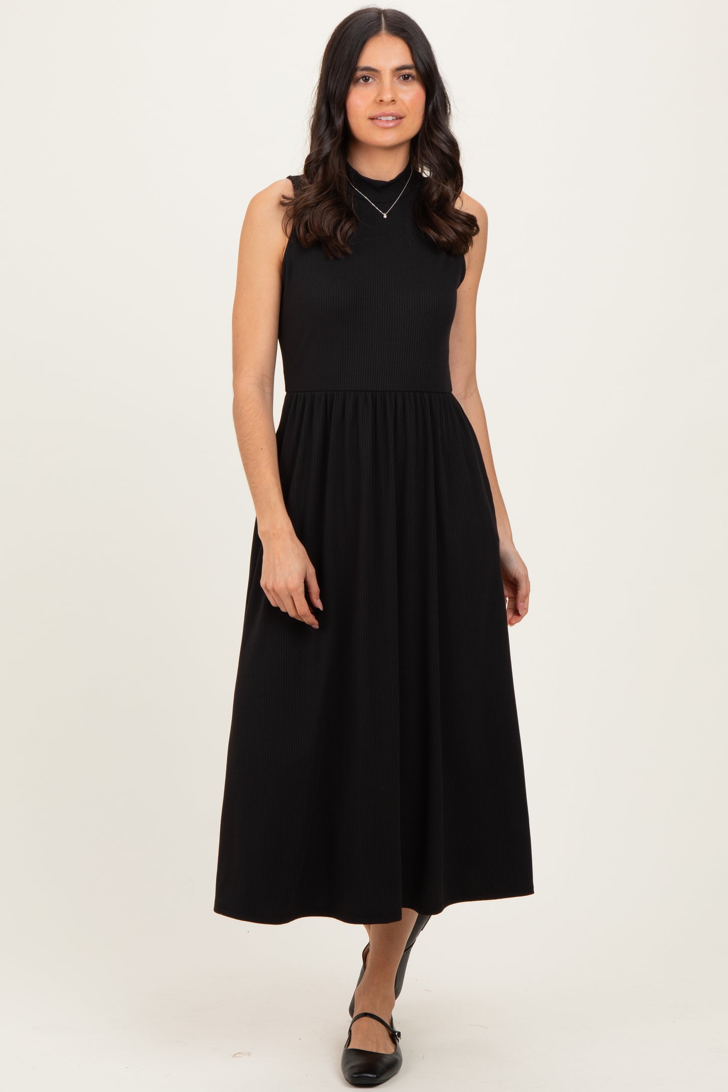 Black Ribbed Mock Neck Sleeveless Midi Dress
