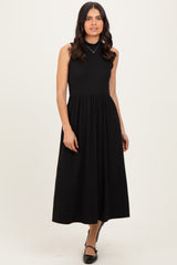 Black Ribbed Mock Neck Sleeveless Midi Dress