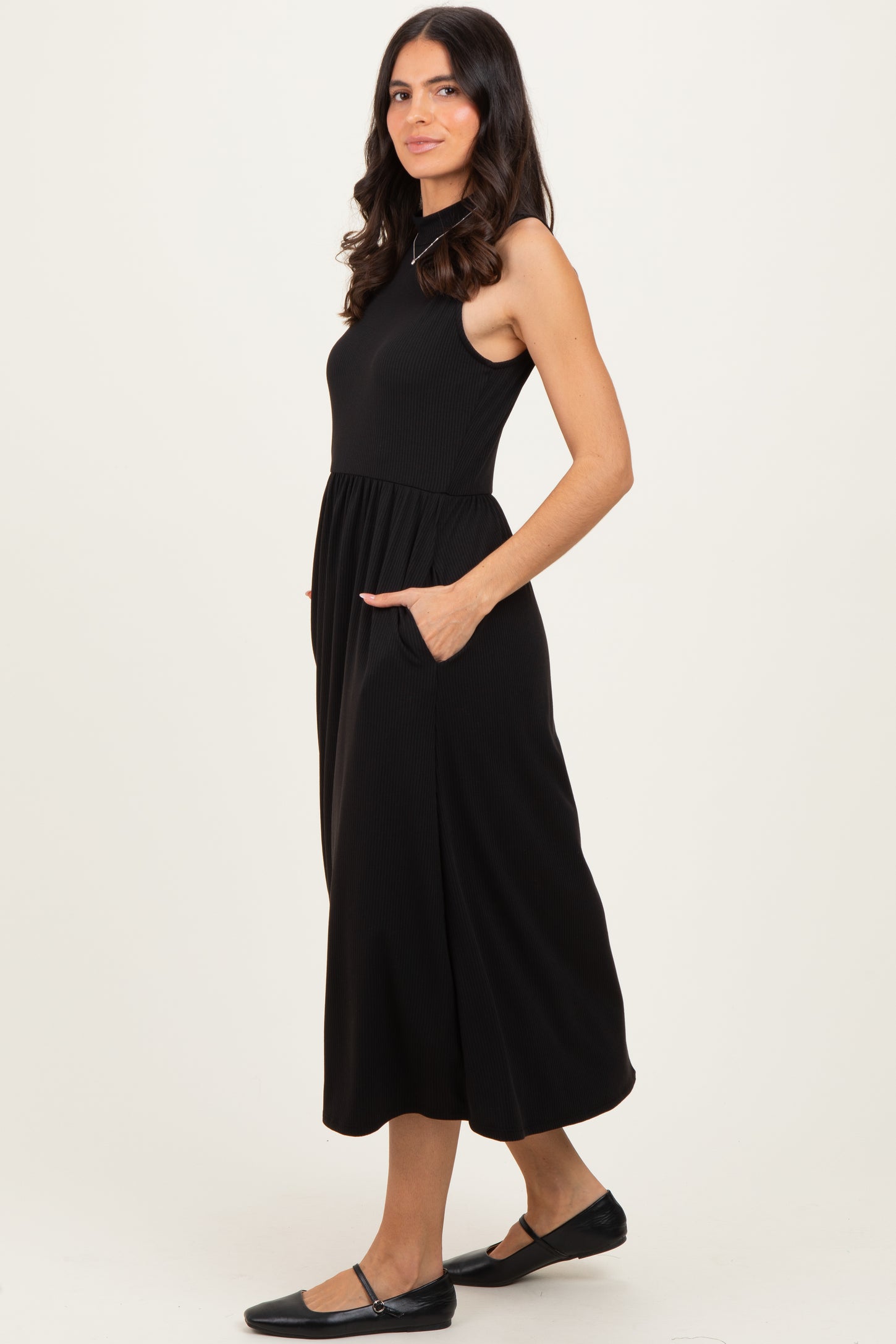 Black Ribbed Mock Neck Sleeveless Midi Dress