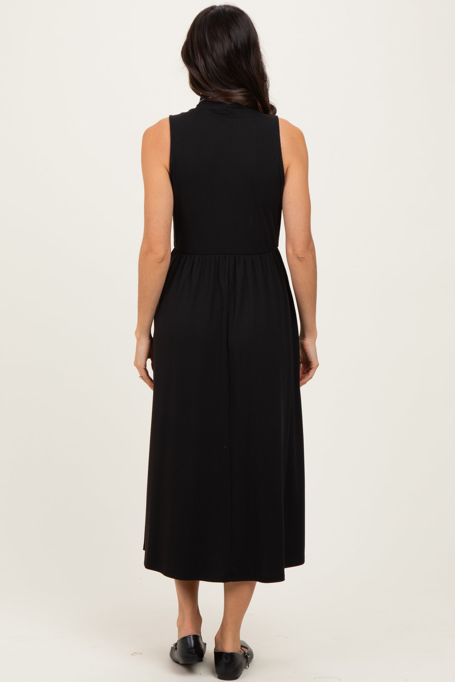 Black Ribbed Mock Neck Sleeveless Midi Dress