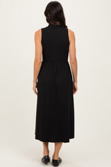 Black Ribbed Mock Neck Sleeveless Midi Dress