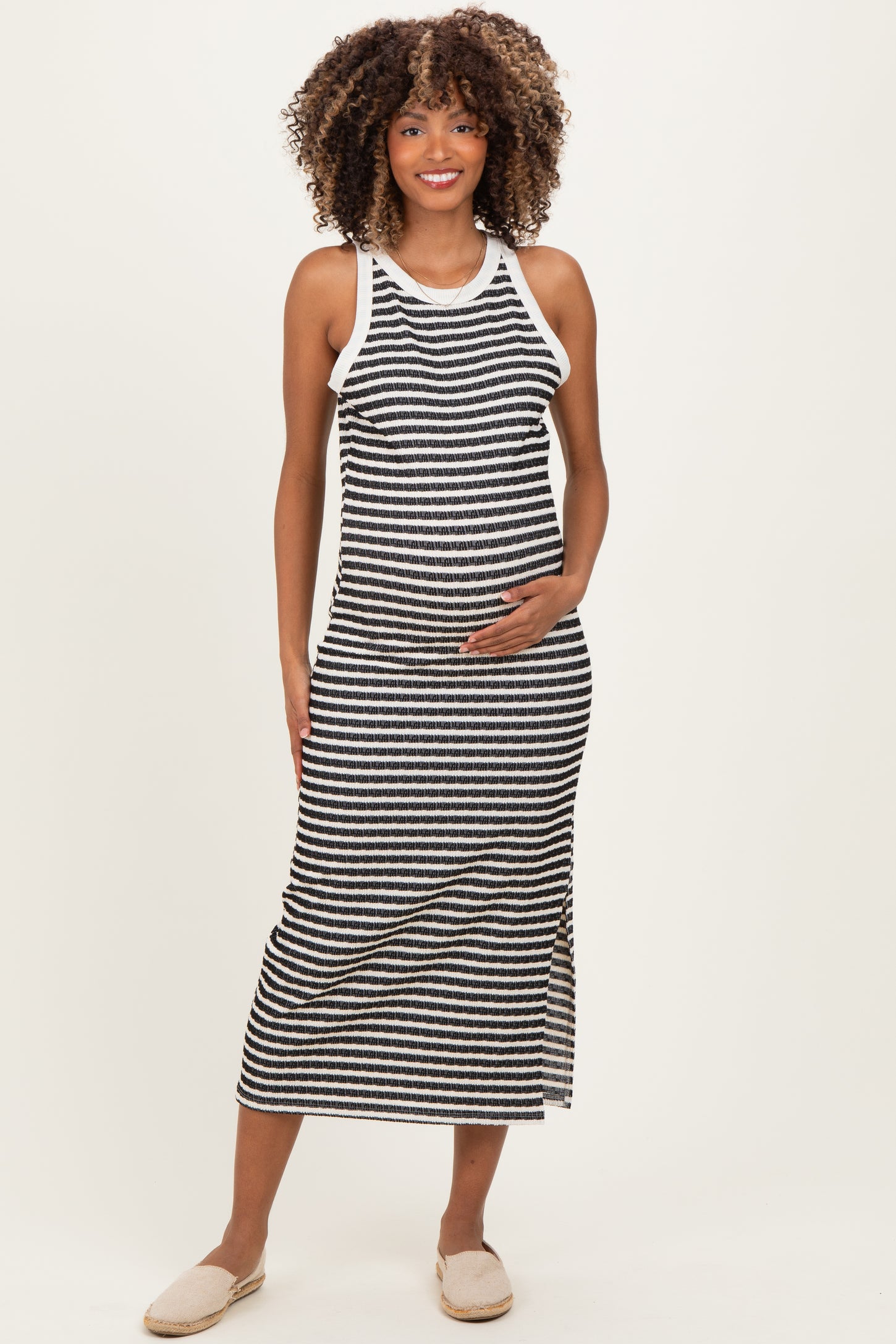 Black Striped Knit Side Slit Maternity Tank Dress