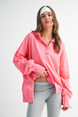 Bright Pink Snap Button Pullover Henley Sweatshirt