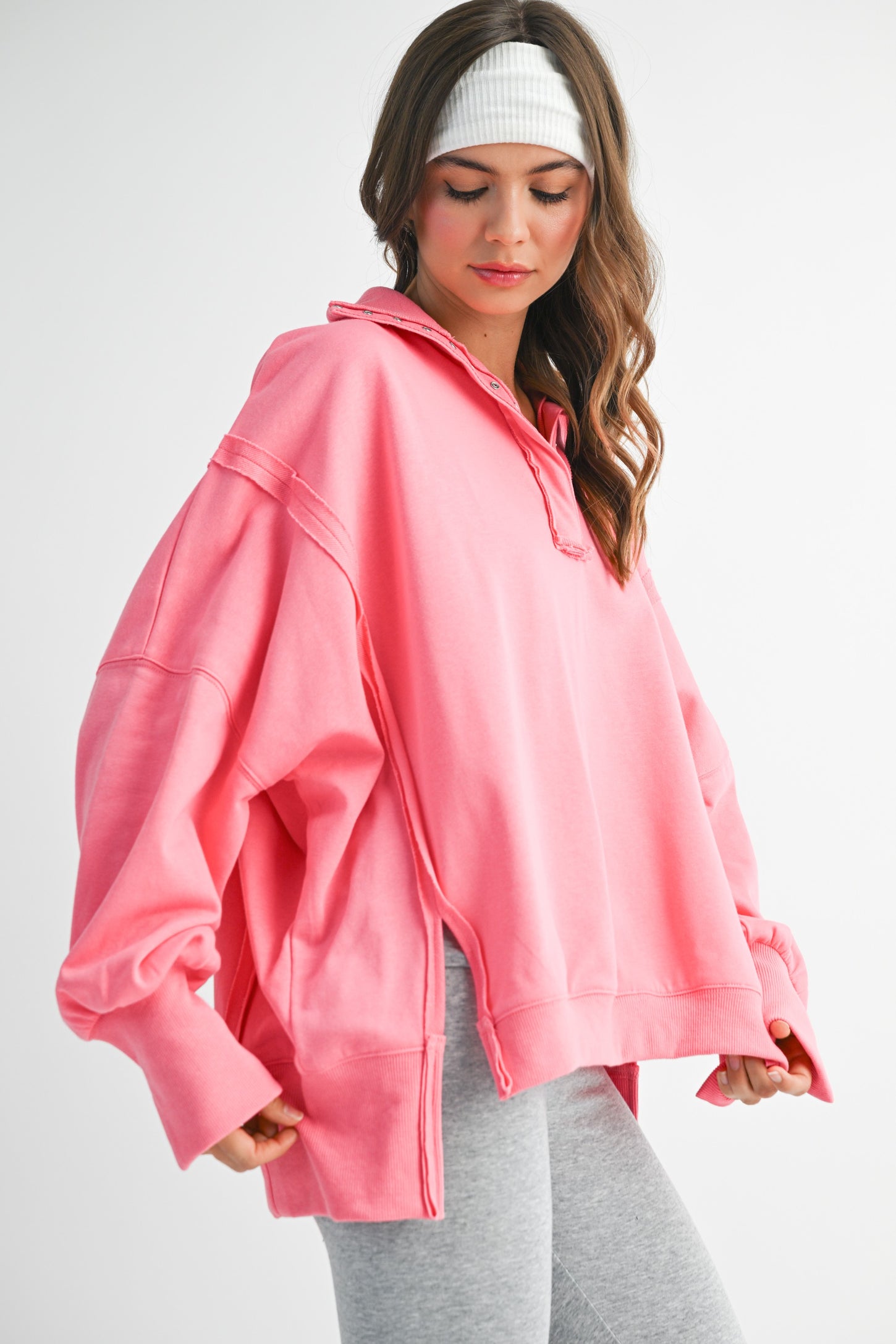 Bright Pink Snap Button Pullover Henley Sweatshirt