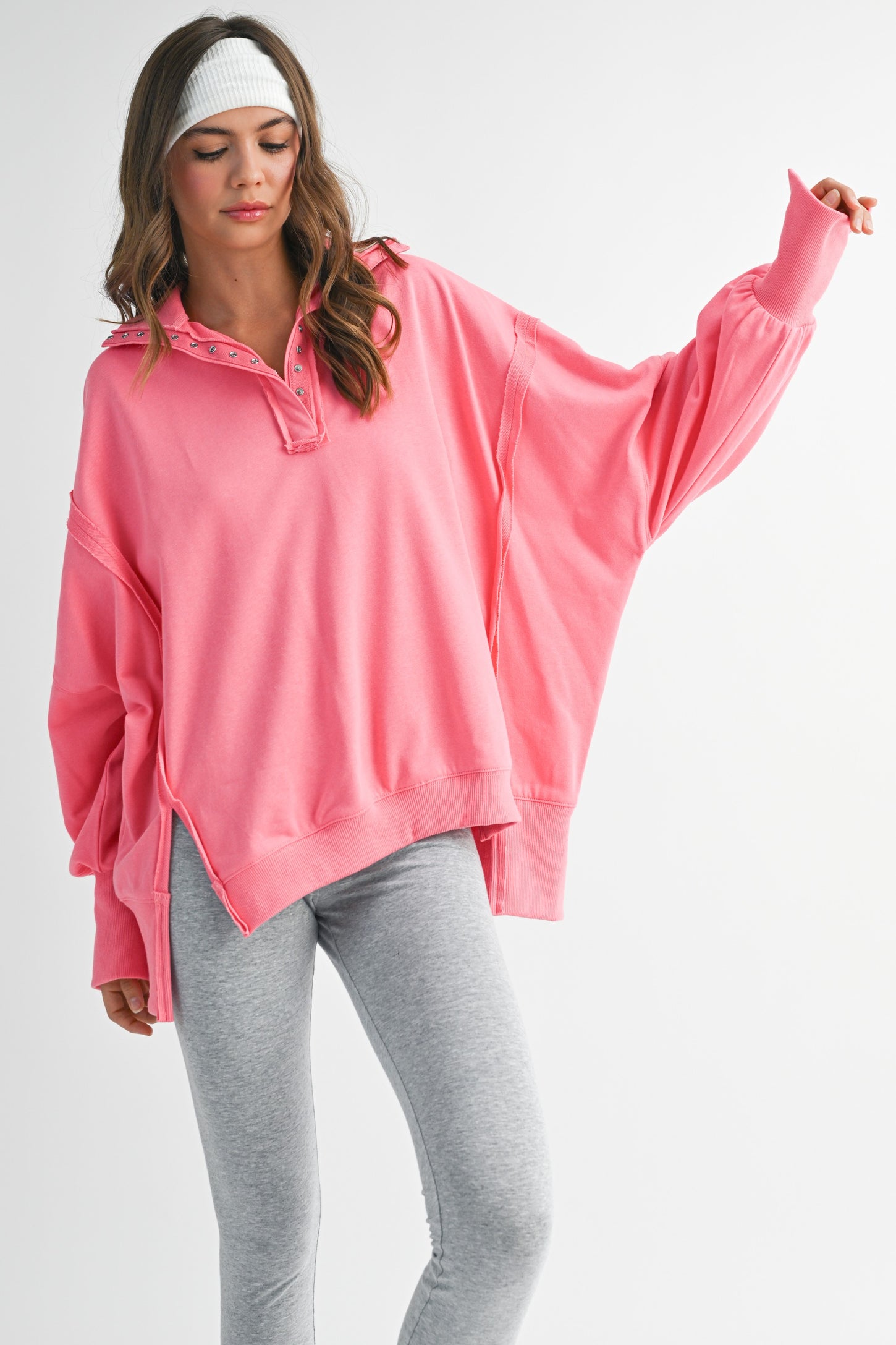 Bright Pink Snap Button Pullover Henley Sweatshirt