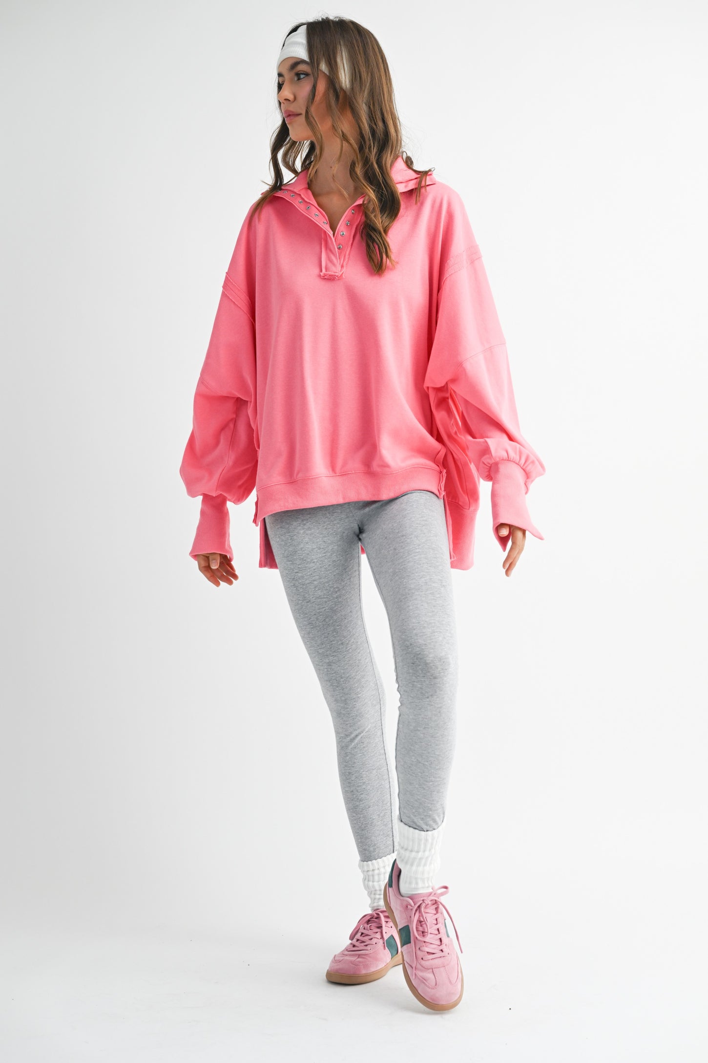 Bright Pink Snap Button Pullover Henley Sweatshirt