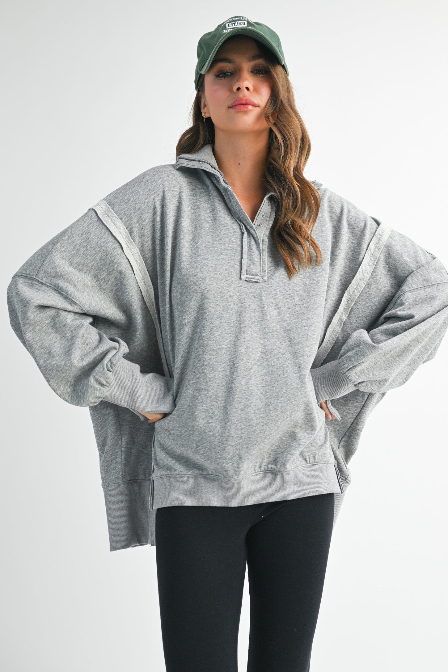 Heather Grey Snap Button Pullover Henley Sweatshirt
