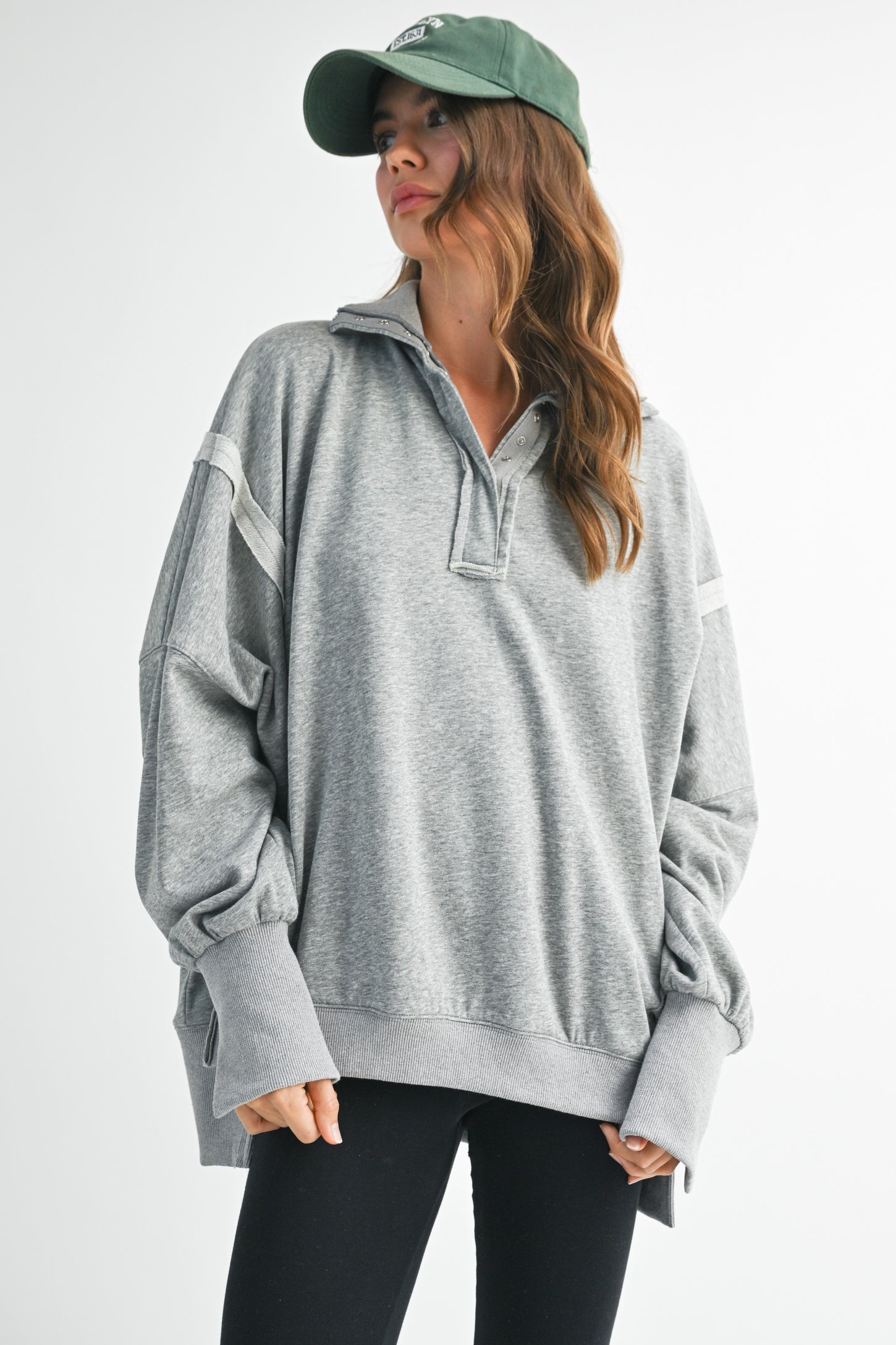 Heather Grey Snap Button Pullover Henley Sweatshirt