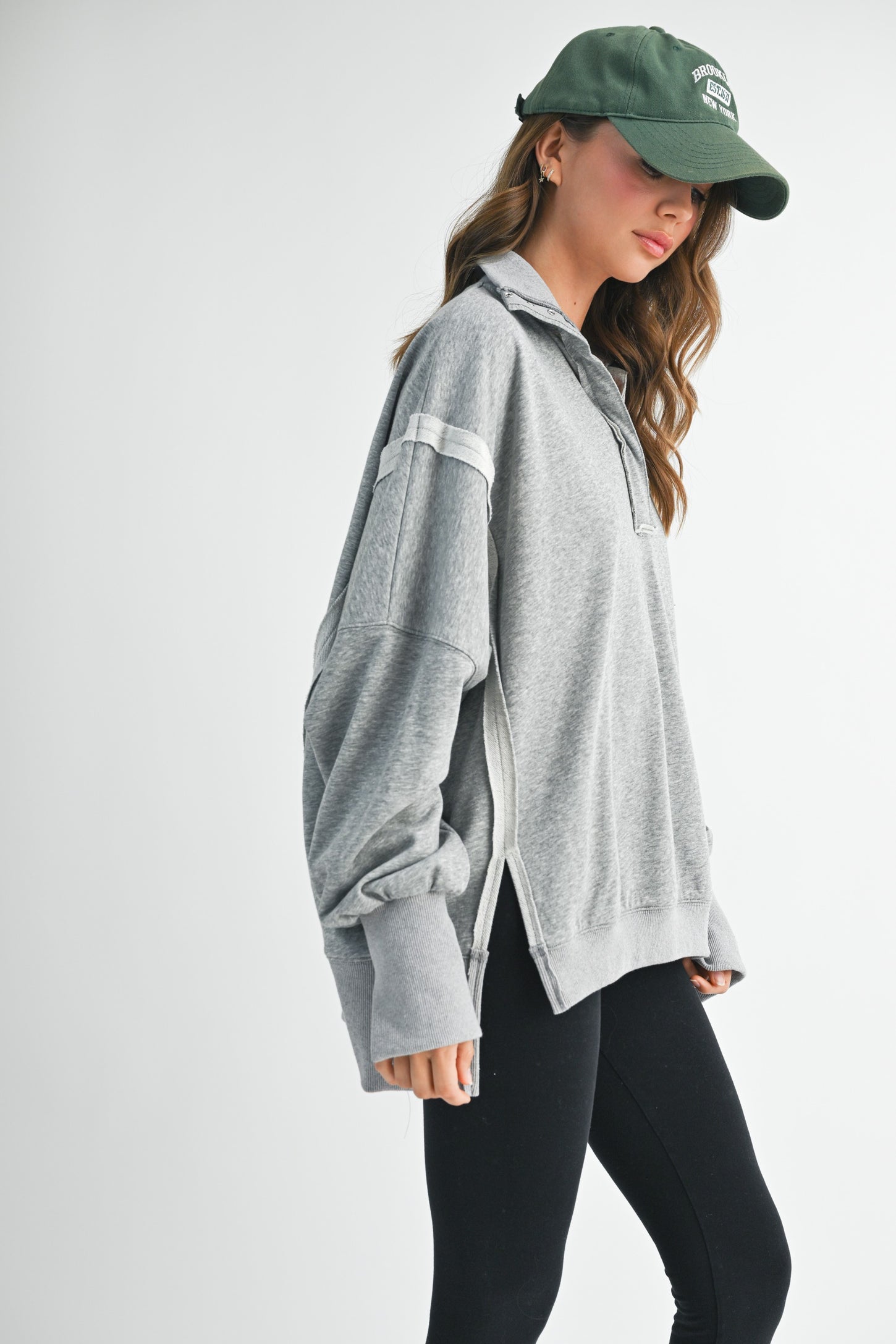 Heather Grey Snap Button Pullover Henley Sweatshirt