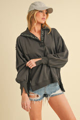 Charcoal Snap Button Pullover Henley Sweatshirt
