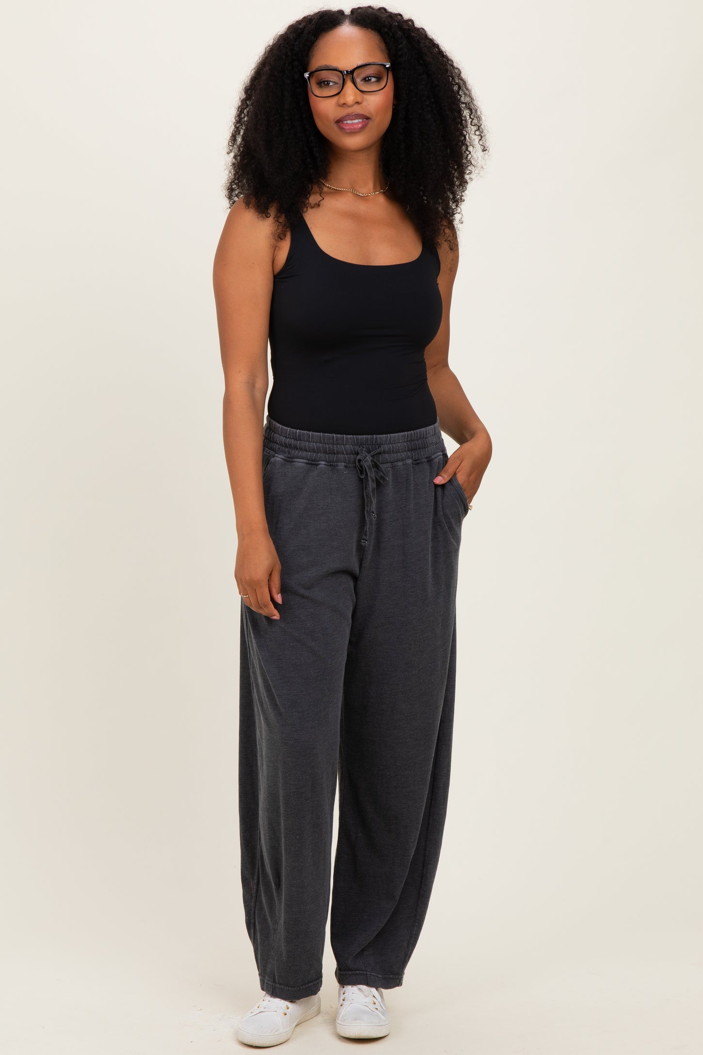 Black Mineral Wash Barrel Leg Maternity Lounge Pants