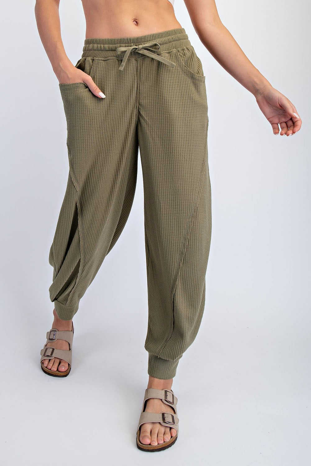 Olive Waffle Knit Raw Seam Joggers