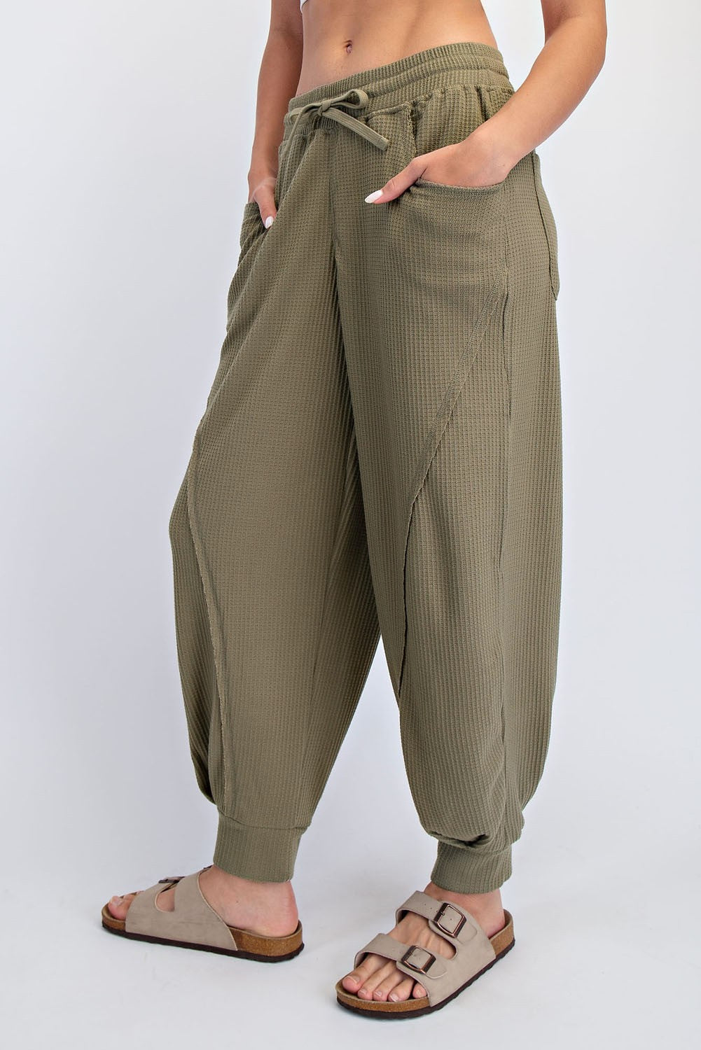Olive Waffle Knit Raw Seam Joggers
