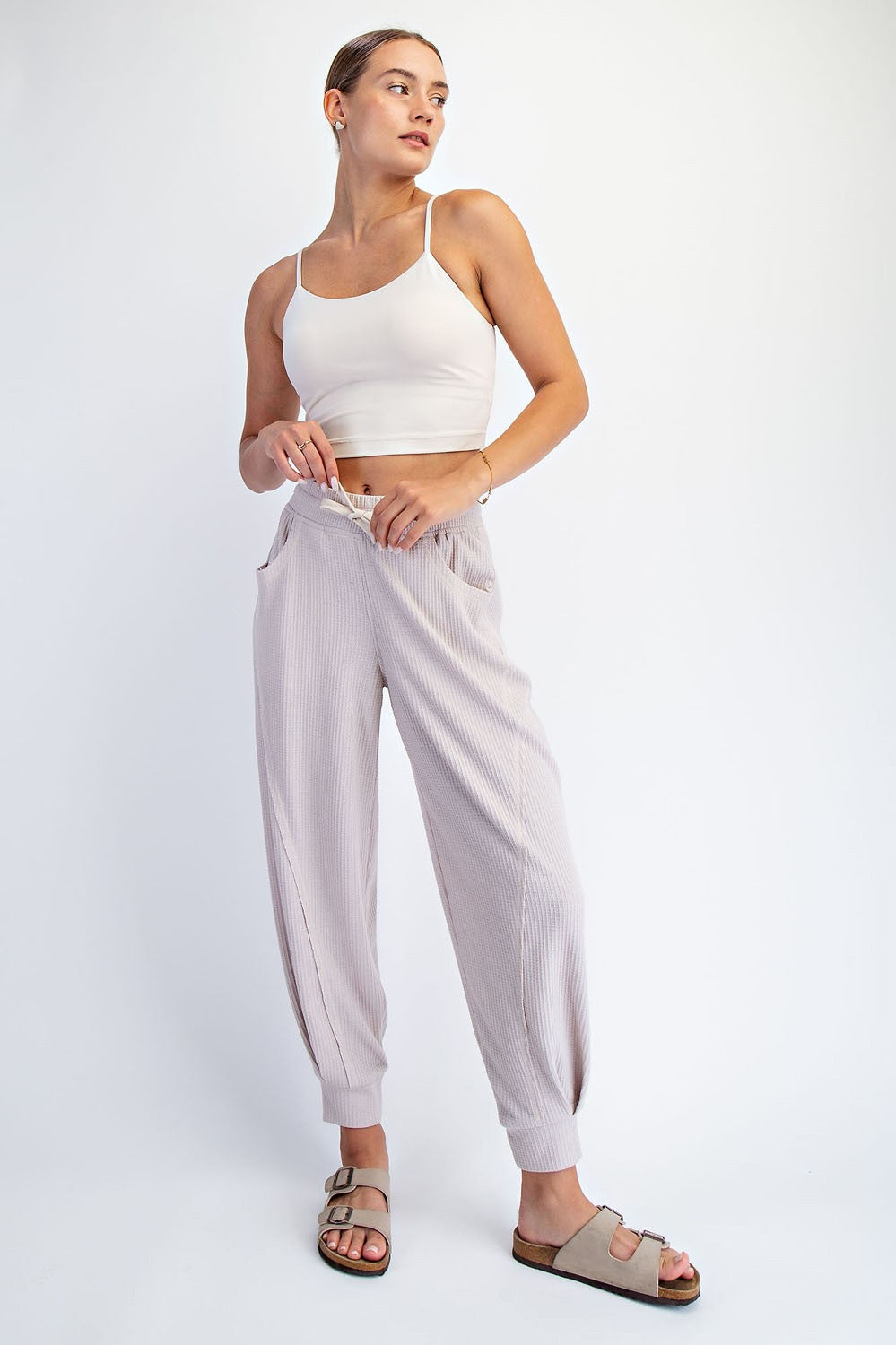 Beige Waffle Knit Raw Seam Joggers