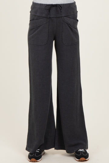 Black Mineral Wash Waffle Knit Wide Leg Maternity Pants