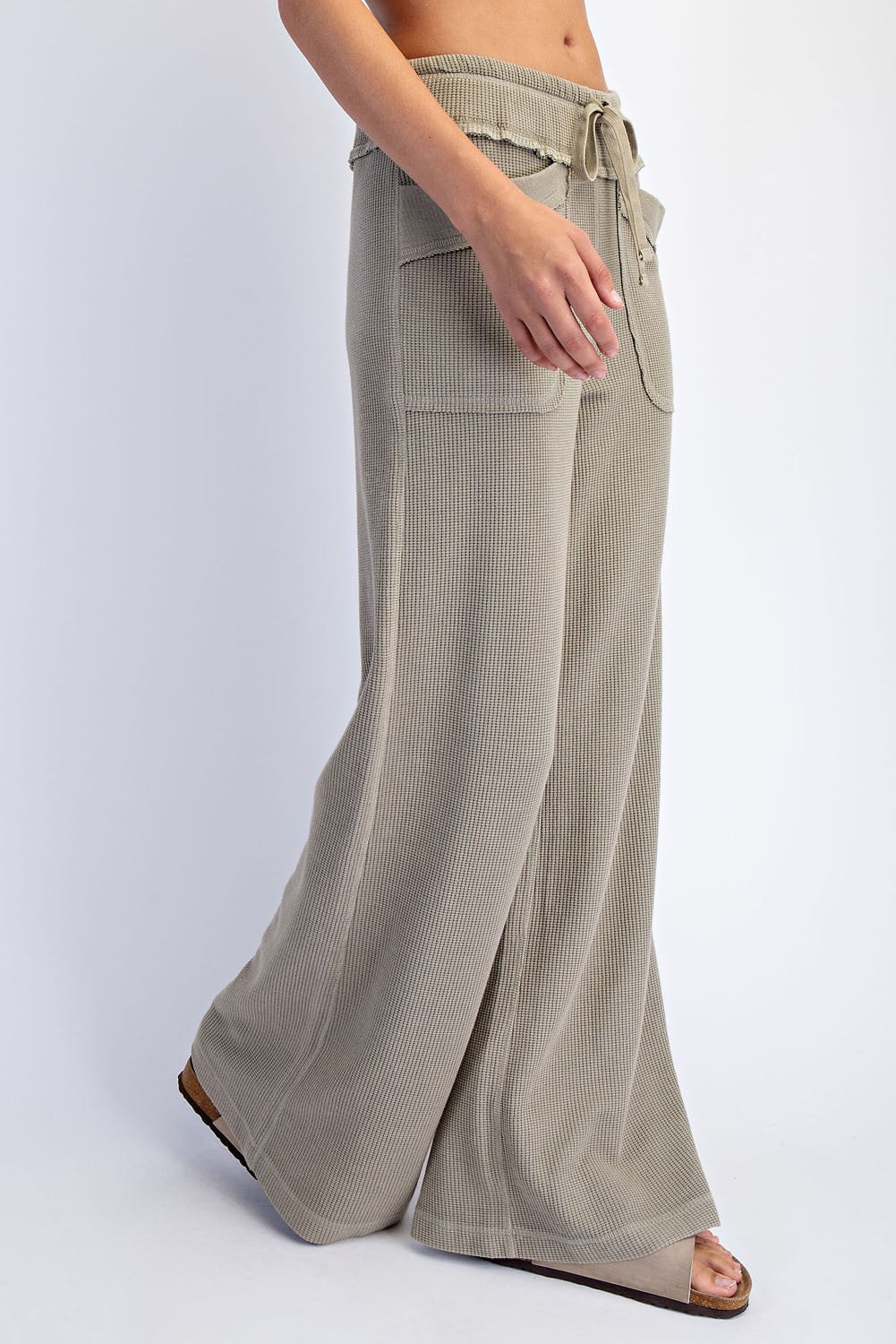 Olive Mineral Wash Waffle Knit Wide Leg Pants